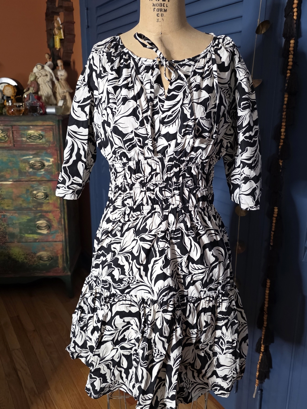 Black & White Floral Smocked Mini Dress with Tie Neck